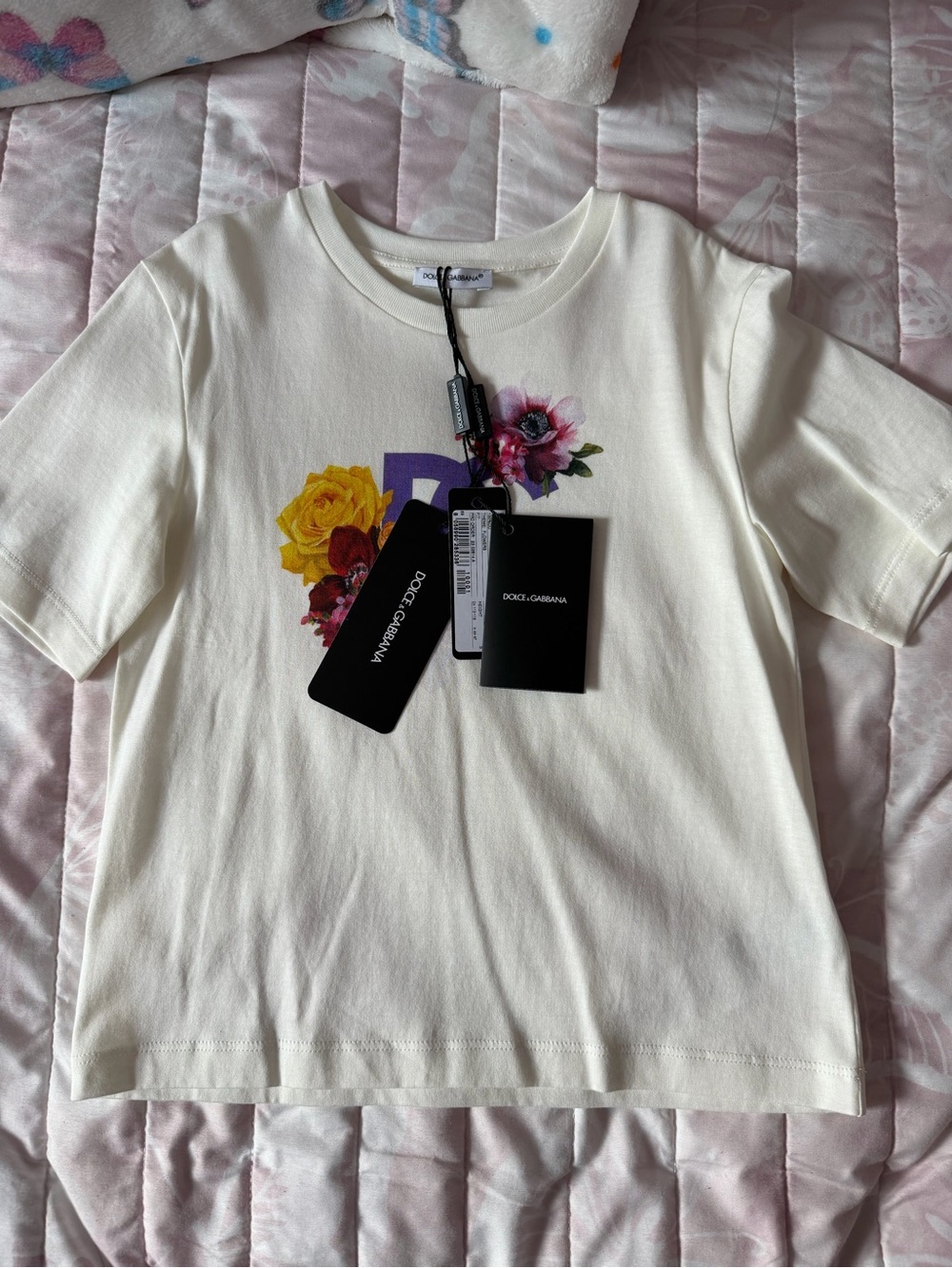 Dolce & Gabbana Cream Tee with Yellow & Purple Floral Logo